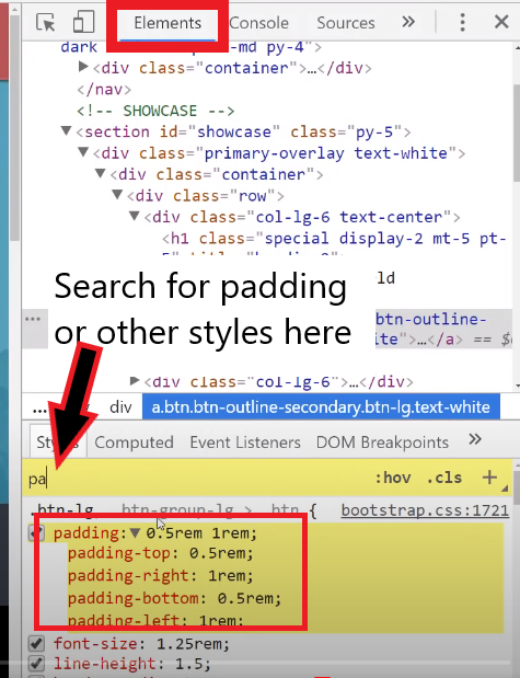 search for styles in inspect element